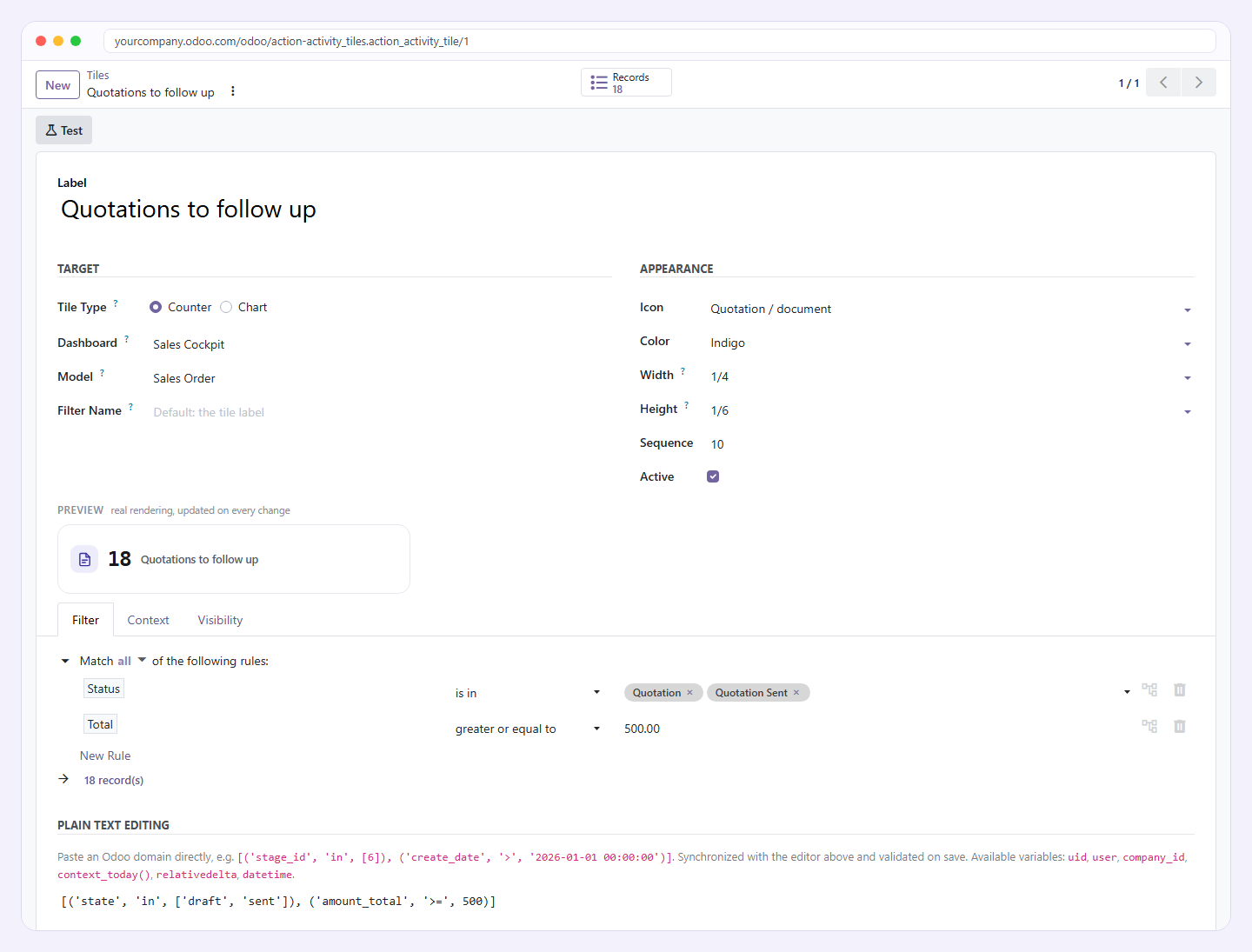 Éditeur de domaine d'Odoo utilisé pour le filtre d'une tuile
