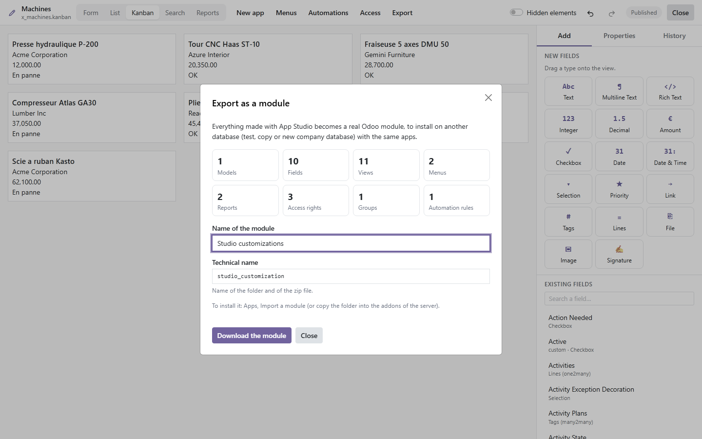 Export des personnalisations App Studio en module Odoo