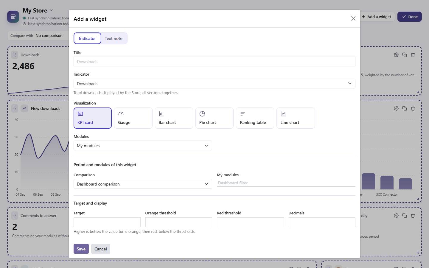 Modification de la disposition : widgets déplacés et redimensionnés sur la grille, catalogue des indicateurs