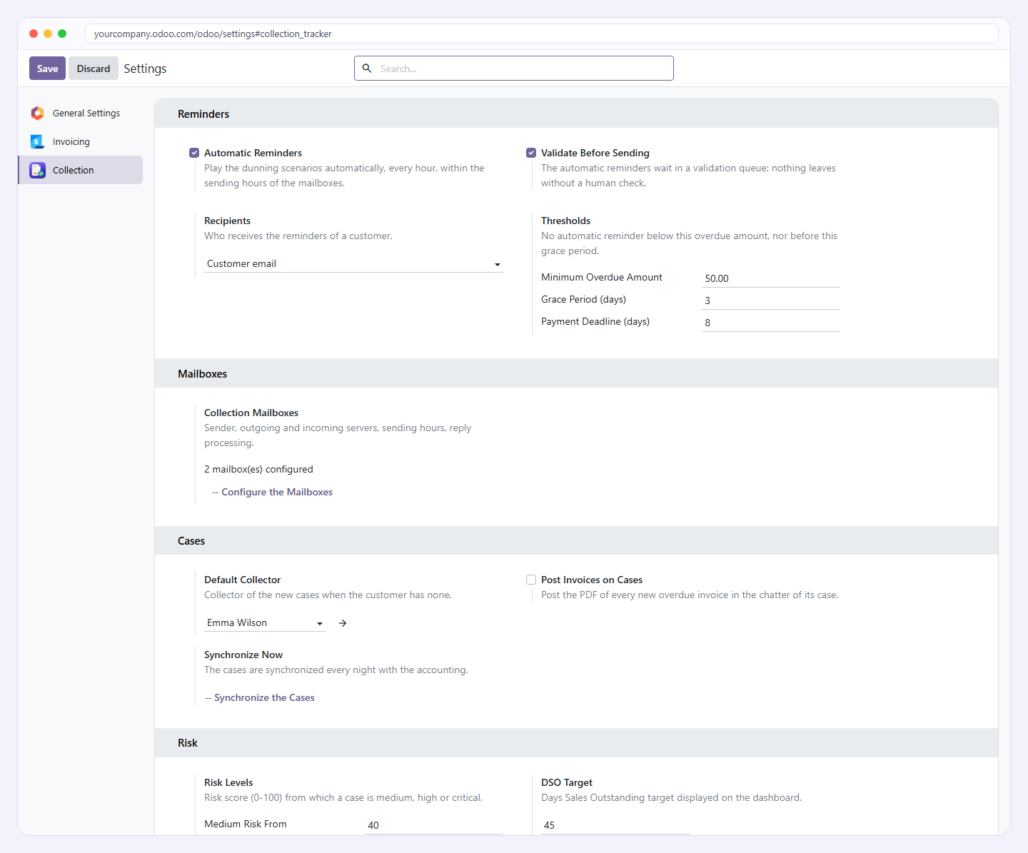 Paramètres du recouvrement par société dans Odoo