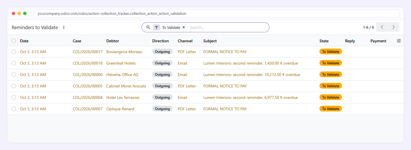 File de validation des relances avant envoi
