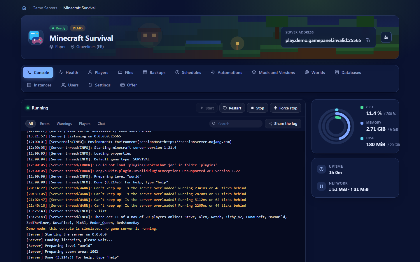 Console en direct d'un serveur Minecraft avec filtres, boutons d'alimentation et jauges de ressources