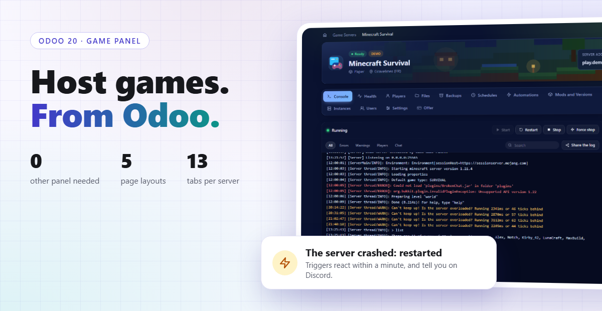 Game Panel : tableau de bord client avec les serveurs de jeux, la console et les ressources