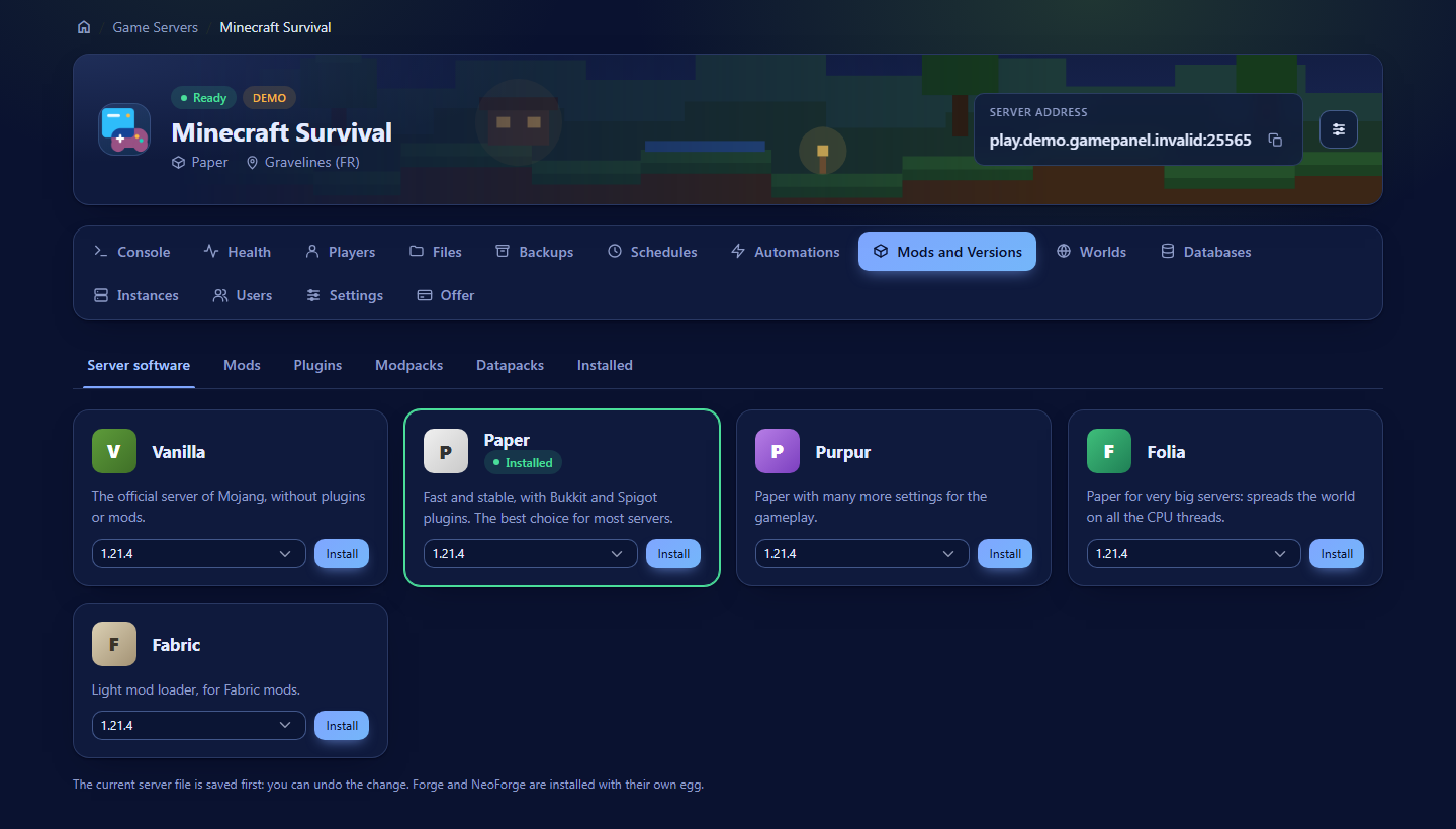 Onglet Mods : recherche CurseForge, plugins installés et versions de Minecraft