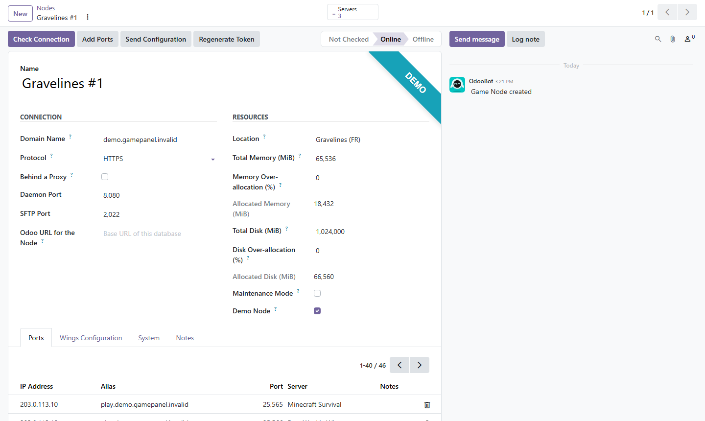Fiche d'un nœud Wings : capacité, allocations et test de connexion