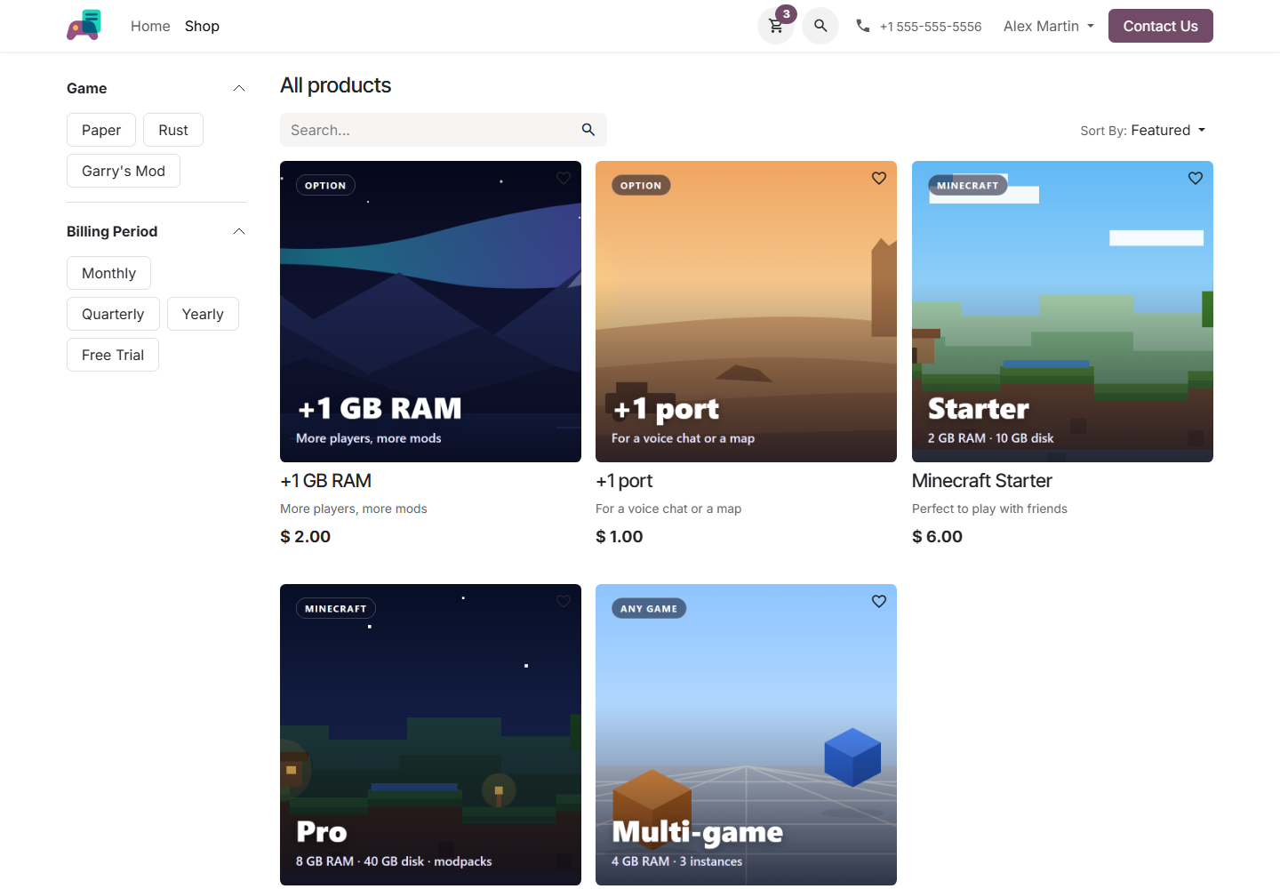 Boutique de l'eCommerce Odoo avec les offres de serveurs de jeux, filtres par jeu et par période