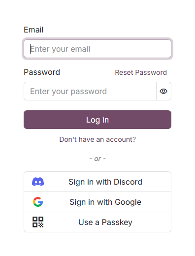 Page de connexion du portail avec les boutons Discord et Google et la clé d'accès