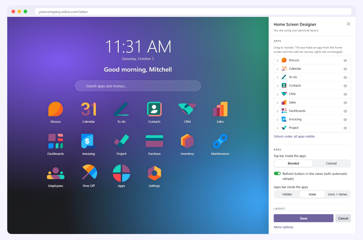 Liste des applications à réorganiser par glisser-déposer, avec bouton pour masquer
