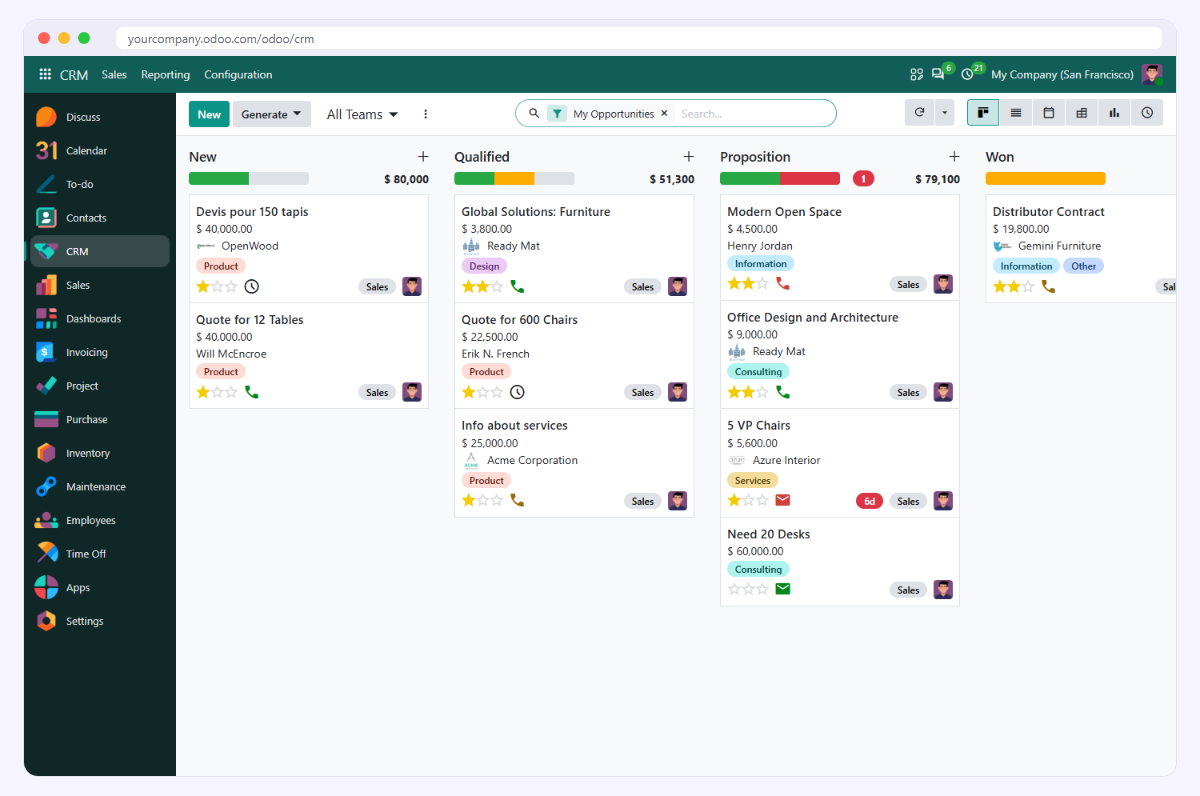CRM avec la barre d'applications à gauche et la barre du haut aux couleurs de la marque