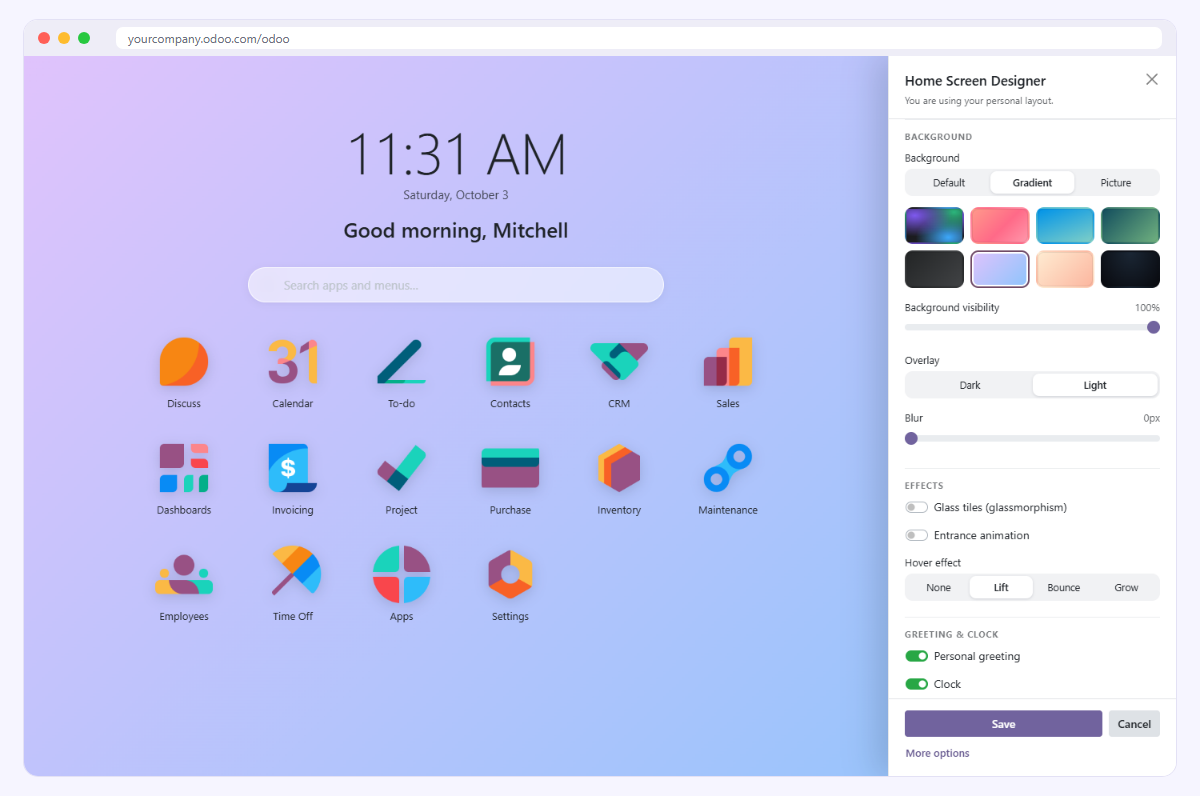 Panneau Home Screen Designer ouvert à côté de l'écran d'accueil, réglages du fond