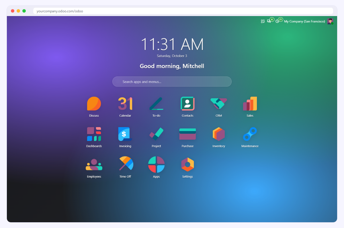Home Screen Designer : écran d'accueil d'Odoo avec horloge, salutation, recherche et fond dégradé