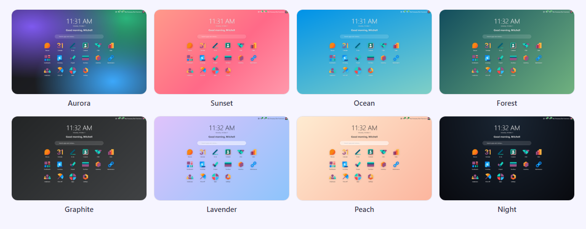 Les 8 dégradés : Aurora, Sunset, Ocean, Forest, Graphite, Lavender, Peach, Night