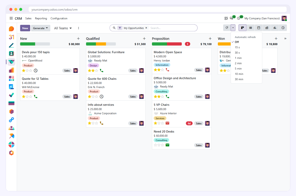 Menu d'actualisation automatique : 15 s, 30 s, 1, 2, 5, 10 ou 30 minutes