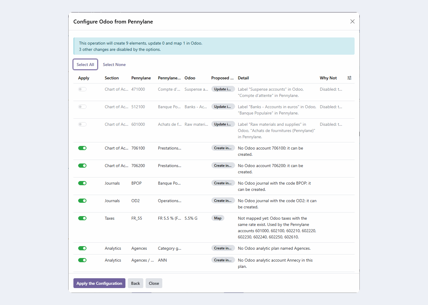 Assistant d'application : changements proposés à relire et confirmer avant de configurer Odoo