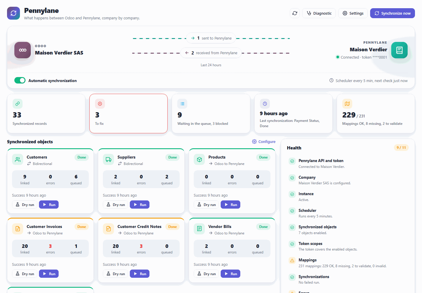 Cockpit du connecteur : le pont entre Odoo et Pennylane, chiffres clés et état du planificateur