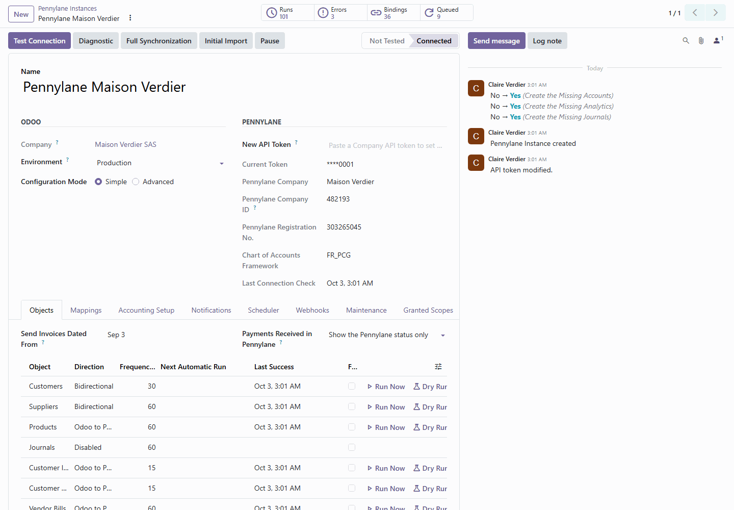 Fiche de connexion Pennylane d'une société Odoo : jeton, objets, planning et boutons d'action
