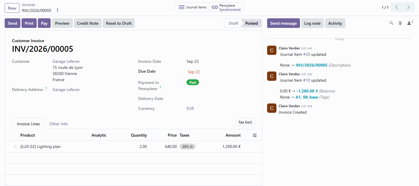 Facture Odoo avec le bouton Pennylane, l'état de synchronisation et le statut de paiement