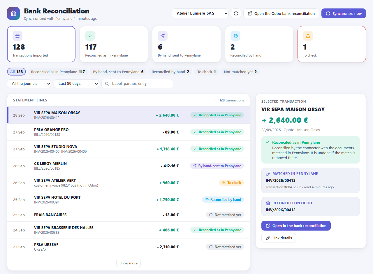 Écran de rapprochement bancaire Pennylane dans Odoo : transactions, états et documents lettrés