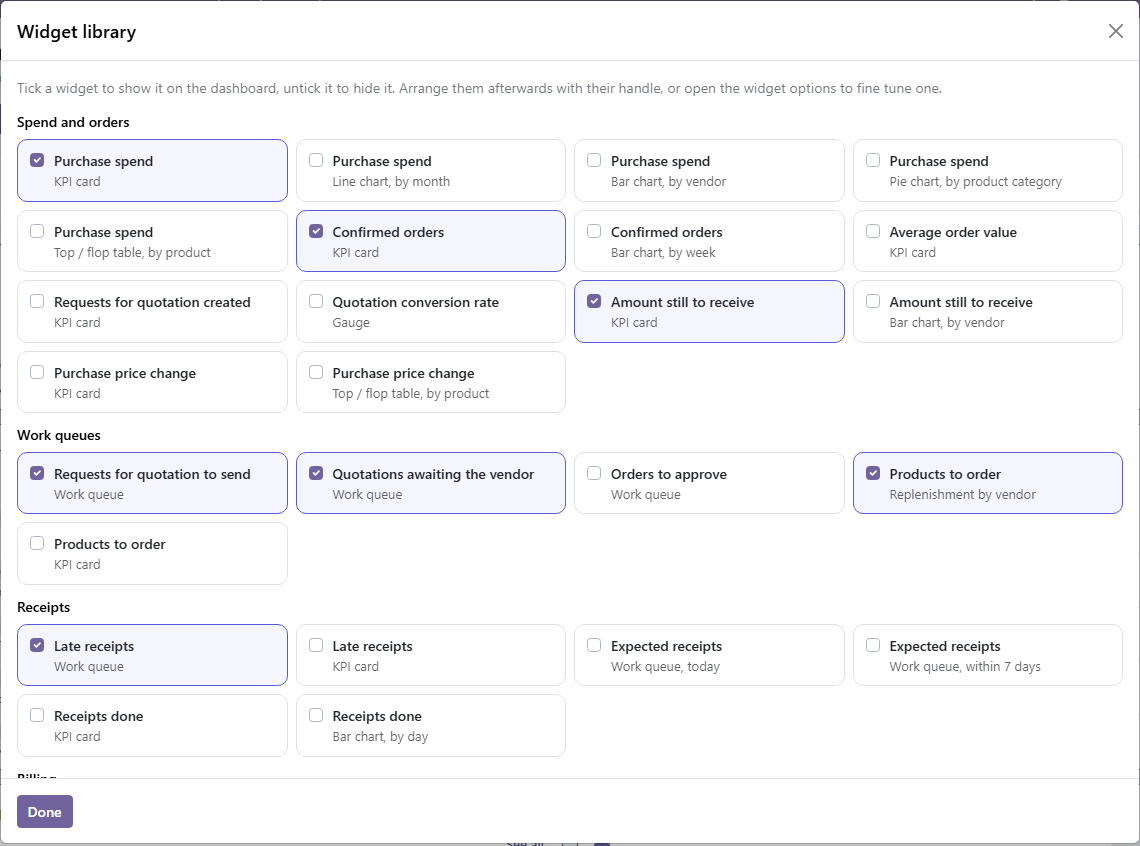 Bibliothèque de widgets de Purchase Cockpit
