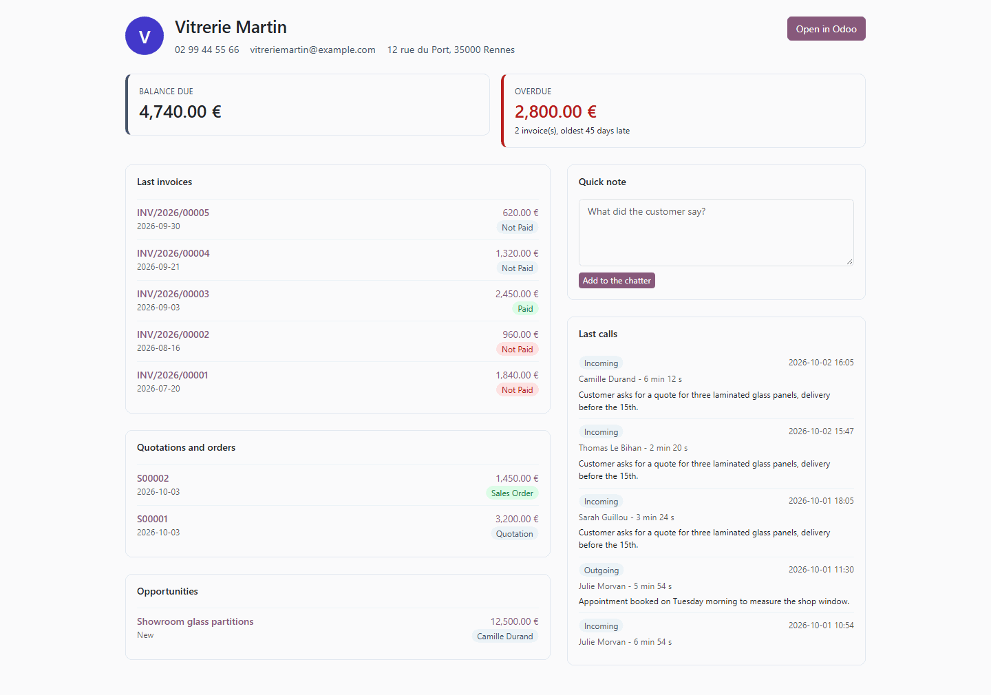 Fiche d'appel 3CX dans Odoo : solde dû, factures en retard, commandes, opportunités et derniers appels