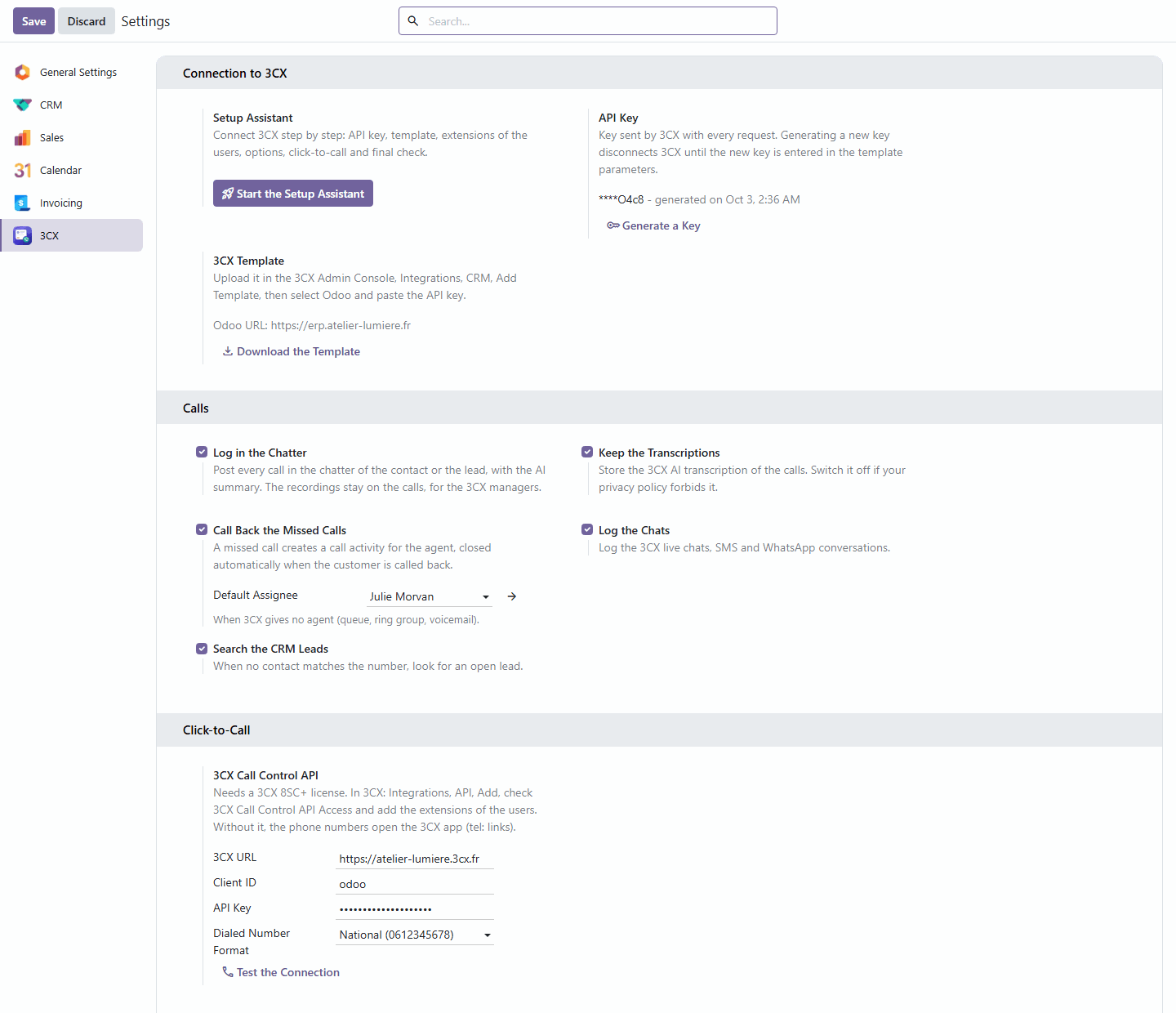 Paramètres 3CX dans Odoo : options du chatter, transcriptions, rappels et click-to-call