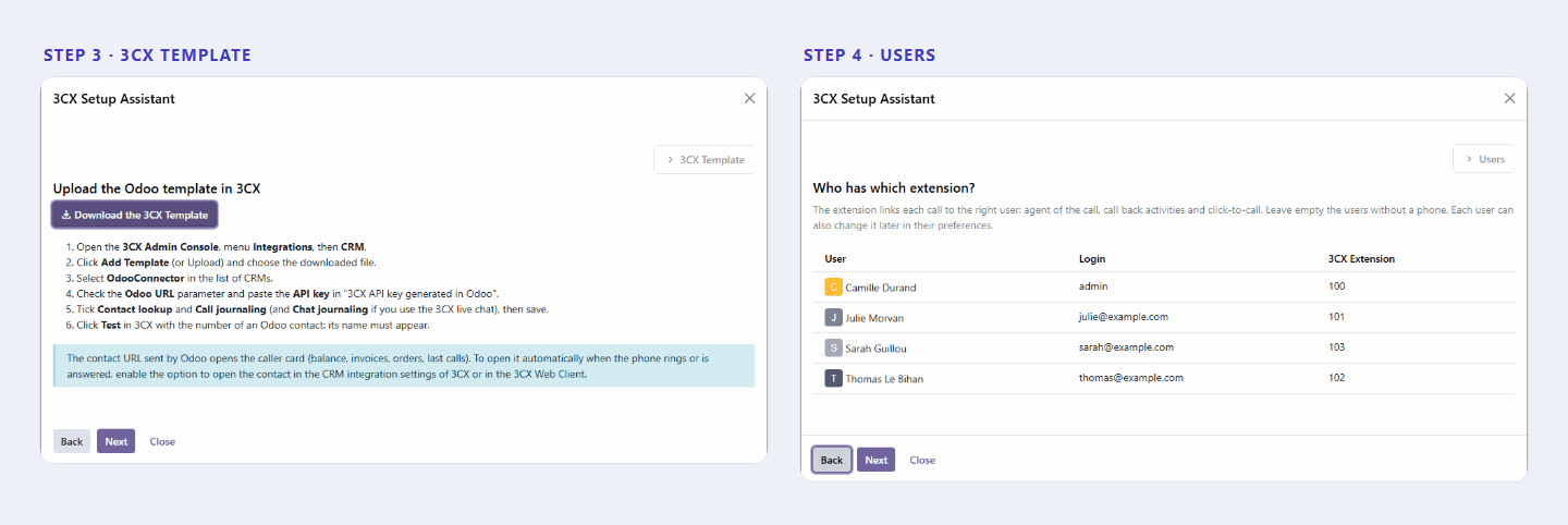 Assistant de configuration 3CX en sept étapes dans Odoo